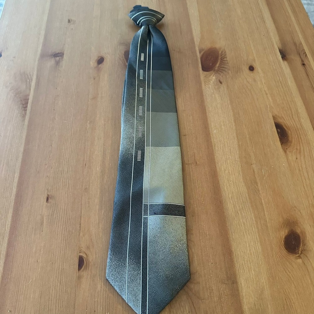 Puritan Mens Gray Black Geometric Striped Clip On Necktie Modern Formal Tie